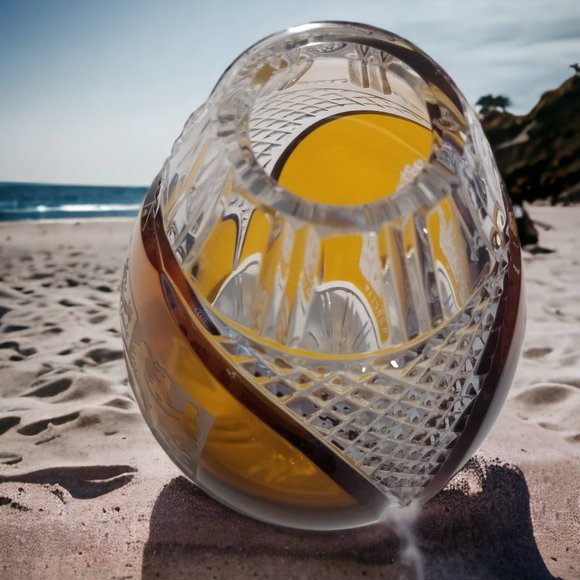 Rare Bohemian 24% Lead Crystal Amber Vase Oval Hand Cut in Poland Cut to Clear - Picture 7 of 10